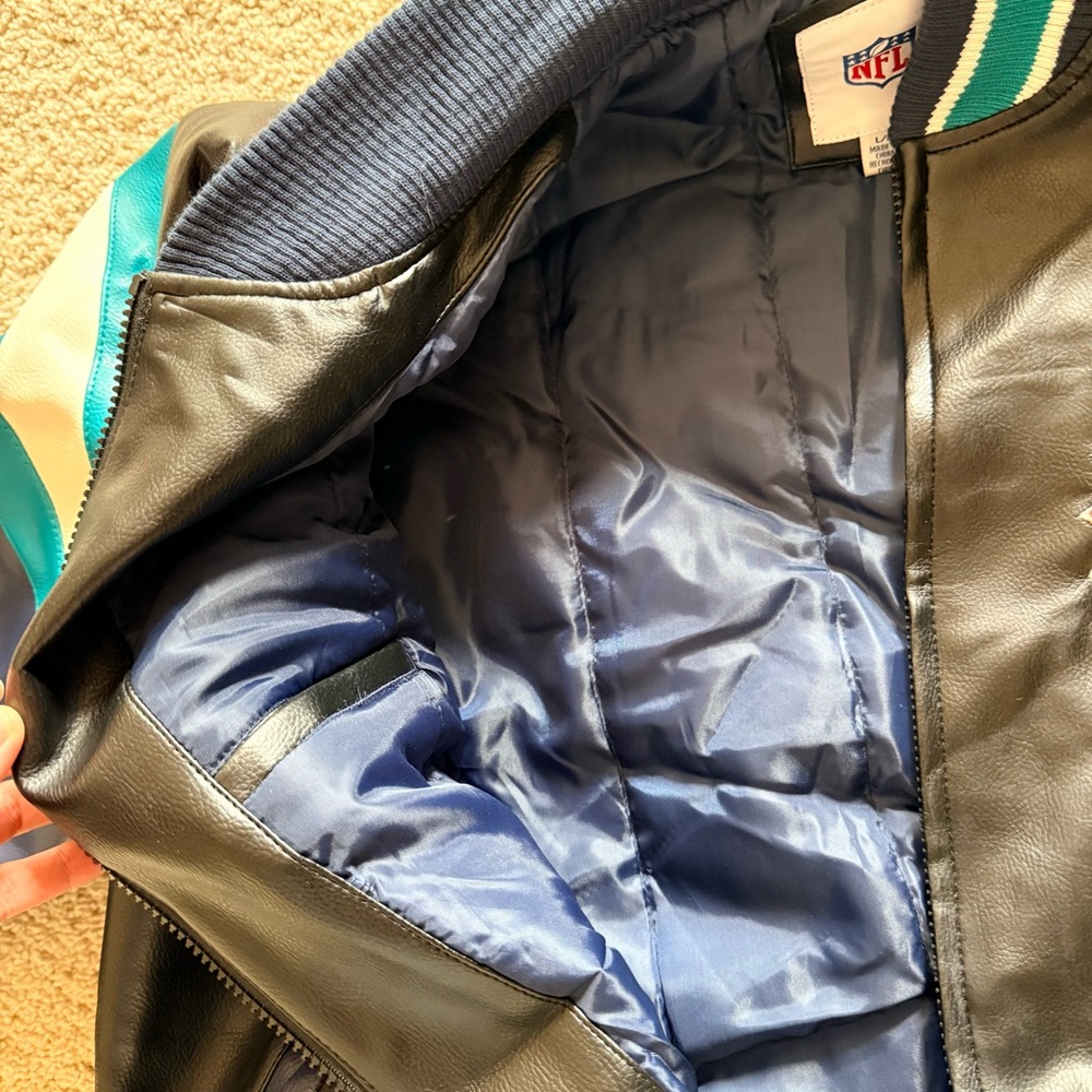 New with tags! NFL Team Apparel Miami Dolphins Faux Leather Bomber Jacket - Picture 7 of 9